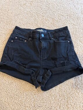Black High-Rise Distressed Denim Shorts -